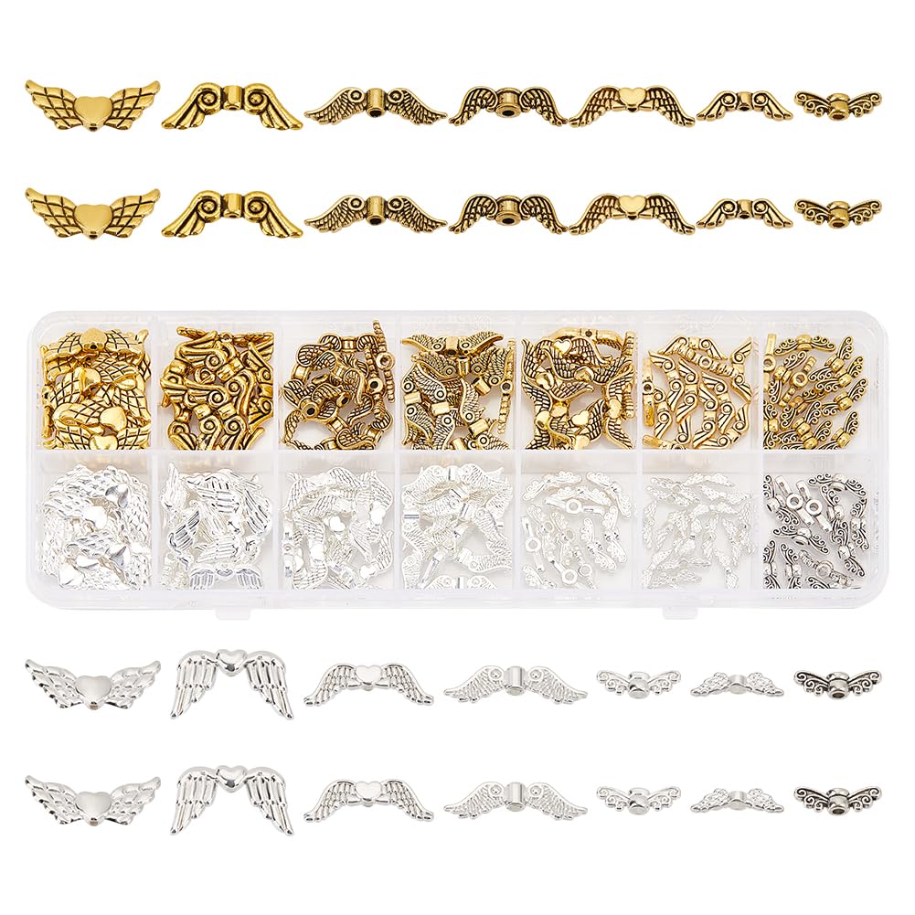 PH PandaHall 173pcs Wing Charms Metal Angel Wings Pendant Alloy Fairy Wing Beads Tibetan Style Metal Vintage Charms for DIY Jewelry Making Supplies Arts Crafts Necklace Bracelet, Silver/Gold