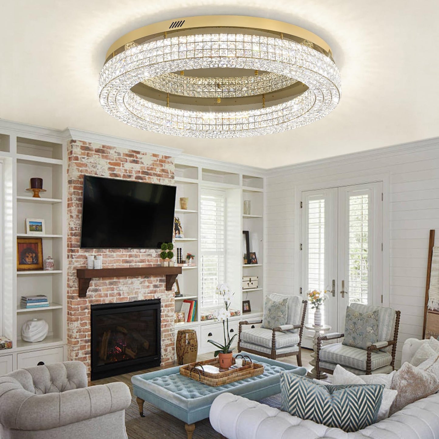 ykolupty 40'' Crystal Chandelier for Living Room Large Chandeliers for Living Room Crystal Flat Mounted Ceiling Lights Dining Room Bedroom Dimmable 2700-6000K (Gold Chandelier)