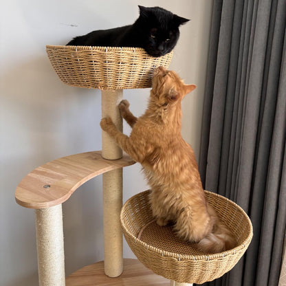 54" Modern Cat Tree for Large Cats, Wood Luxury Multi-Level Oak Solid Wood Cat Trees Cat Towers with 3 Rattan Weaving Cat Nests & Washable Cushions, Sisal Scratching Posts, for Indoor Cats-Lacquered