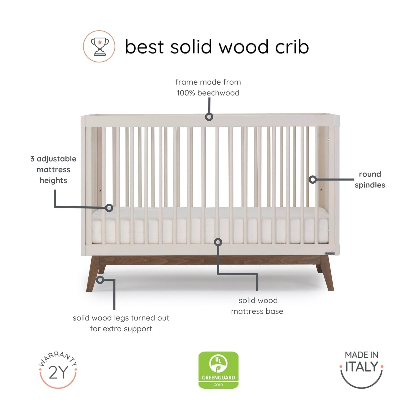 dadada Baby Soho 3-in-1 Convertible Wooden Crib to Toddler Bed - Made in Italy, GREENGUARD Gold Certified, Baby-Safe Finish, Handcrafted Beechwood, Modern Design, 3 Adjustable Heights (Almond Milk)