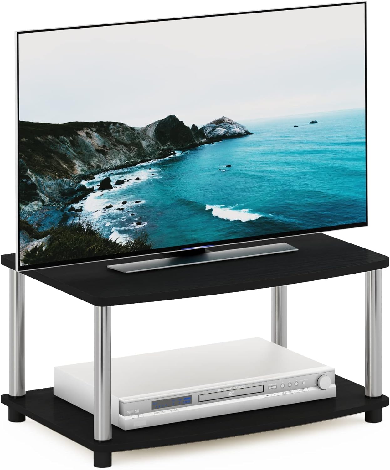 2-Tier 13191AMSS Furinno Turn-N-Tube No Tools Elevated TV Stand, Stainless Steel Tubes, Americano/Chrome