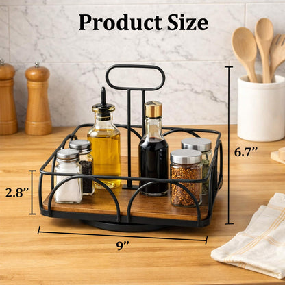 WRINGKIT Condiment Caddy with Handle Lazy Susan, 9 Inch Wood Spice Caddy, 360° Turntable Organizer for Cabinet, Kitchen, Condiment Holder for Table, Restaurants, Seasoning Tray