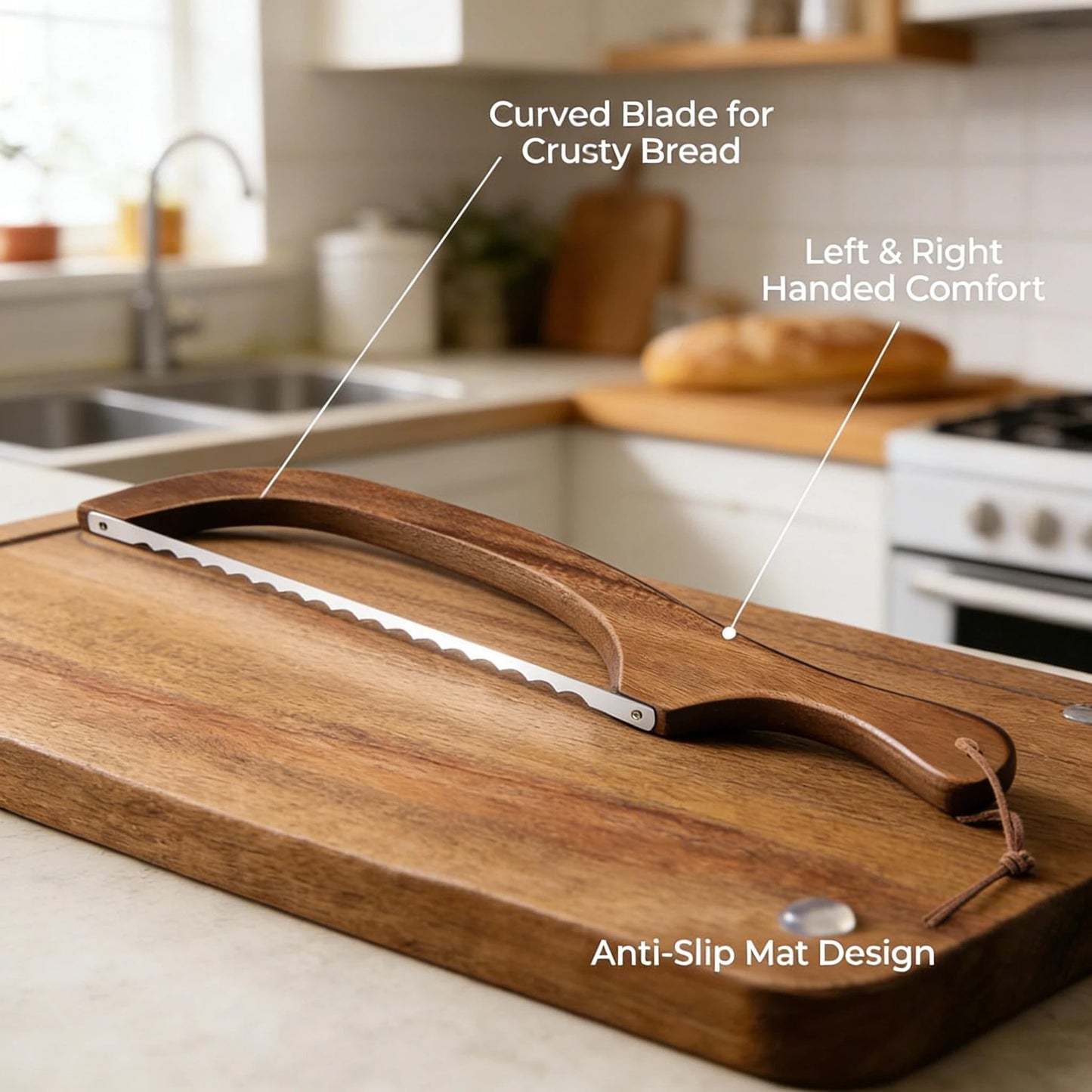 Bread Bow Knife 8 Inch, Wood Manual Bread Slicer, Stainless Steel Cutter With Matching Crumb Tray, Breads Serving Tray Set, Ergonomic Slicing Kitchen Tool for Home Bagels French Baguettes
