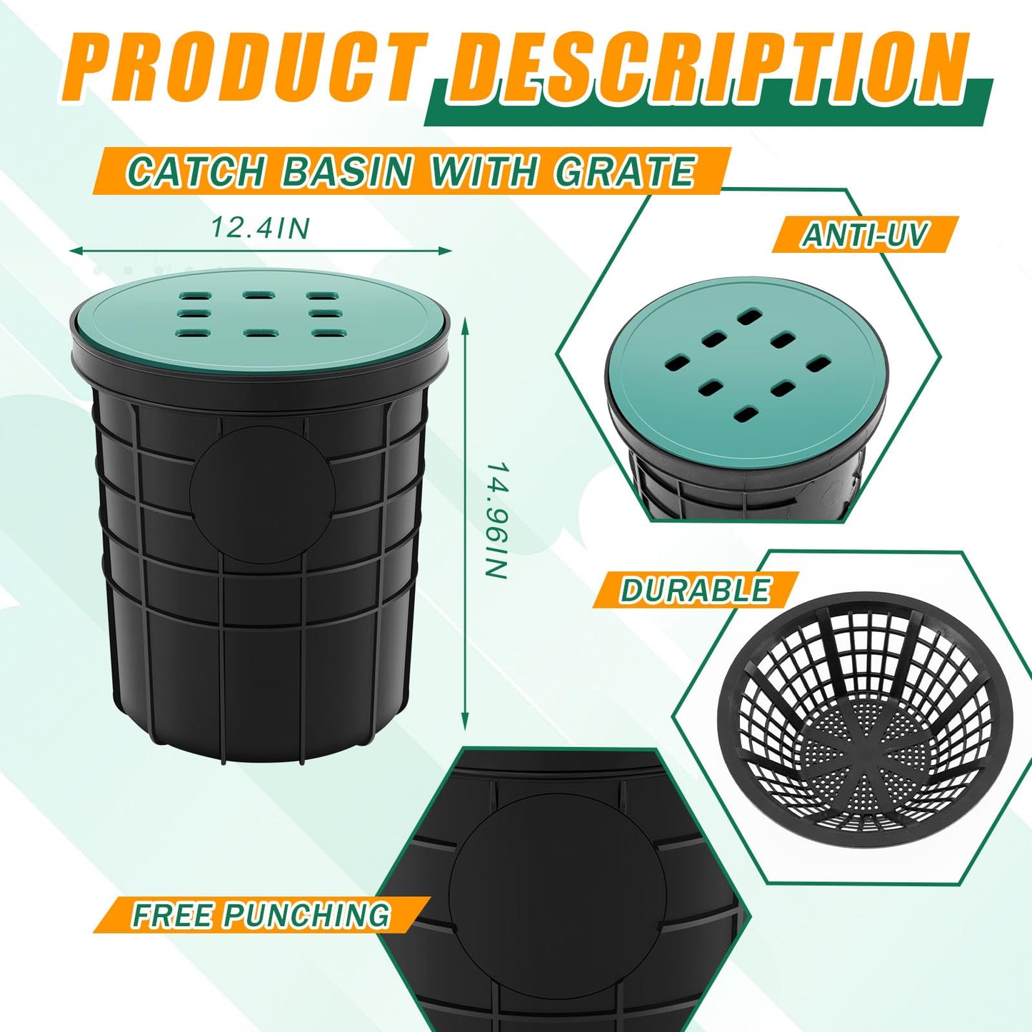 Kritkin Catch Basin with Grate 14.9 x 12.4 Inch Round Large Catch Basin for Drainage with Debris Basket French Drain Without Reserved Hole for Yard, Downspout, Lawn, Municipal Pipeline