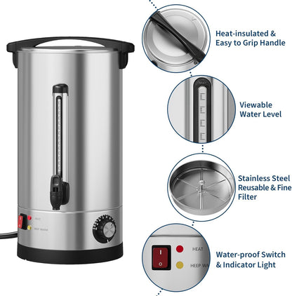 PeacefulHues 110 Cup Commercial Coffee Urn,16l / 4.2Gal Double Wall Insulation Coffee Dispenser,Stainless Steel Large Hot Beverage & Water Dispenser with Automatic Temperature Control for Buffets