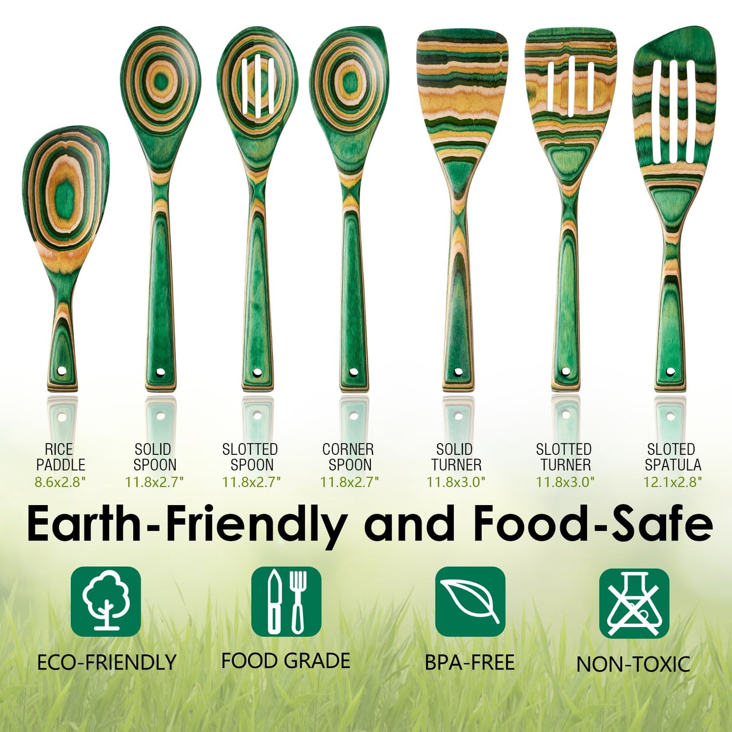 HOWHONG Wooden Spoons for Cooking, Pakkawood Kitchen Utensil Set Oasis Color, Premium Durable Wooden Utensils for Nonstick Cookware, Heat Resistant, Smooth Finish, Comfortable Grip, 7 Piece