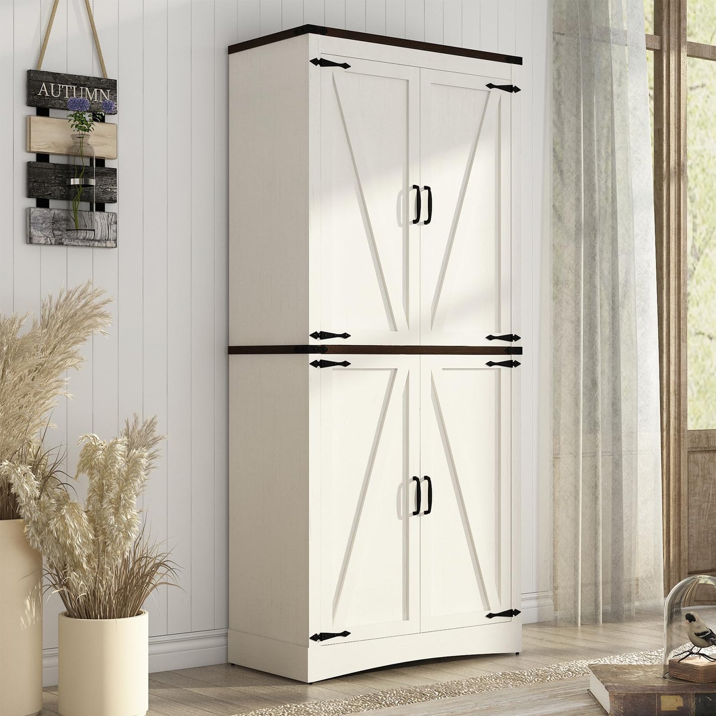 Hlivelood 71" Tall Kitchen Pantry,Farmhouse Storage Cabinet with Adjustable Shelves,Load-Bearing Steel Pipe,Farmhouse Pantry Cabinet with 4 Barn Doors,for Kitchen,Dining Room,Living Room(Rustic White)