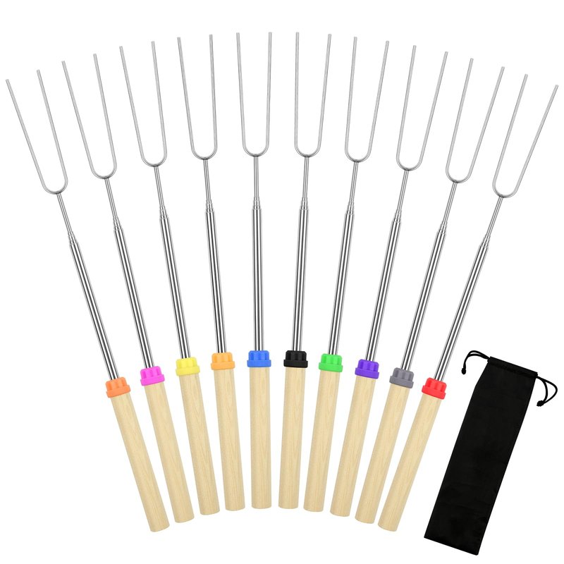 10 Pack Smores Sticks, 32 Inch Marshmallow Roasting Sticks for Fire Pit, Extendable Roasting Skewers with Bag, Hot Dog Fork, Smores Kit for Campfire Camping Essentials