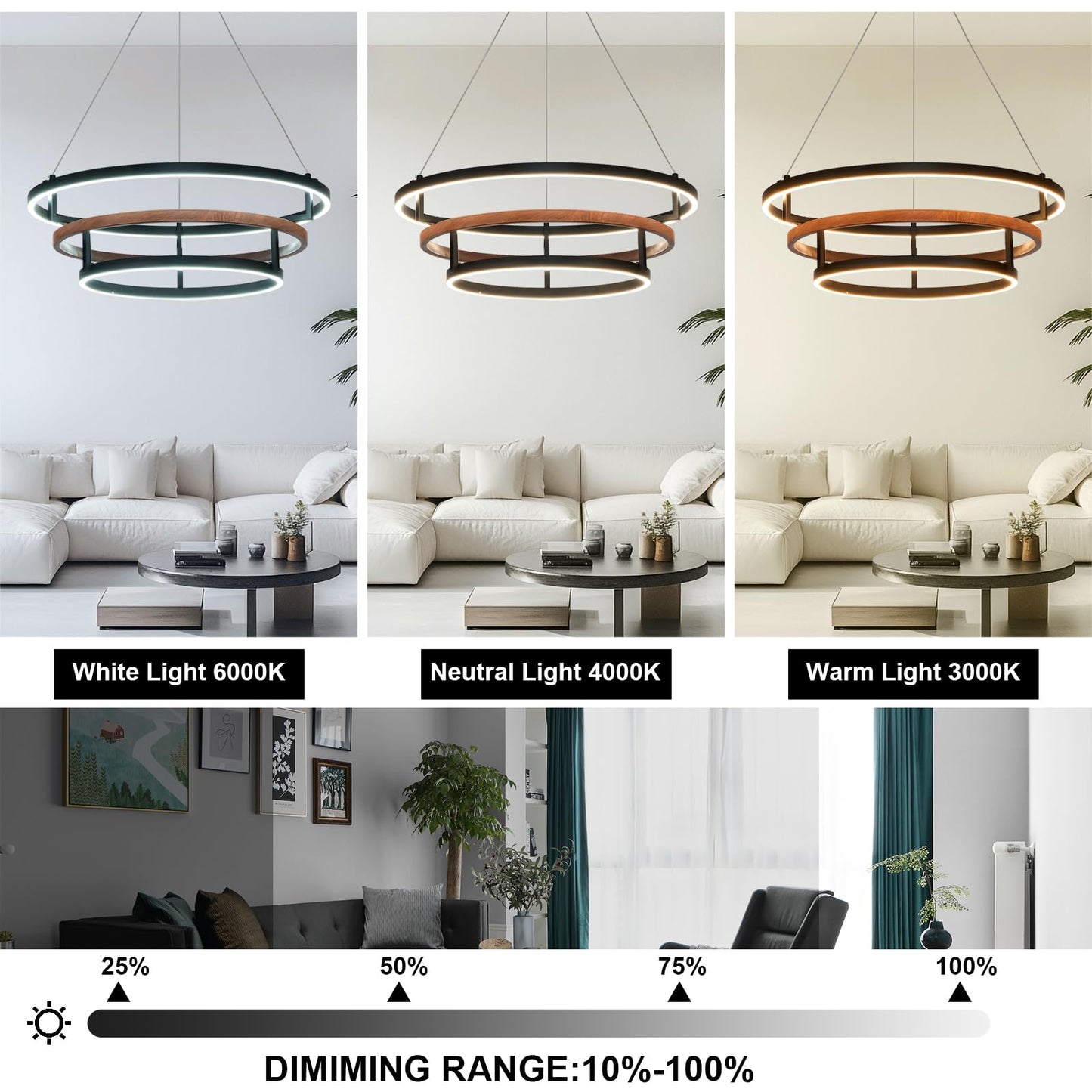 Three-Ring 48-inch glod Vintage Wood-Grain Farmhouse LED Chandelier with Remote Control and dimmable Brightness, Suitable for Dining Room, Kitchen, and Living Room. (glod-48)