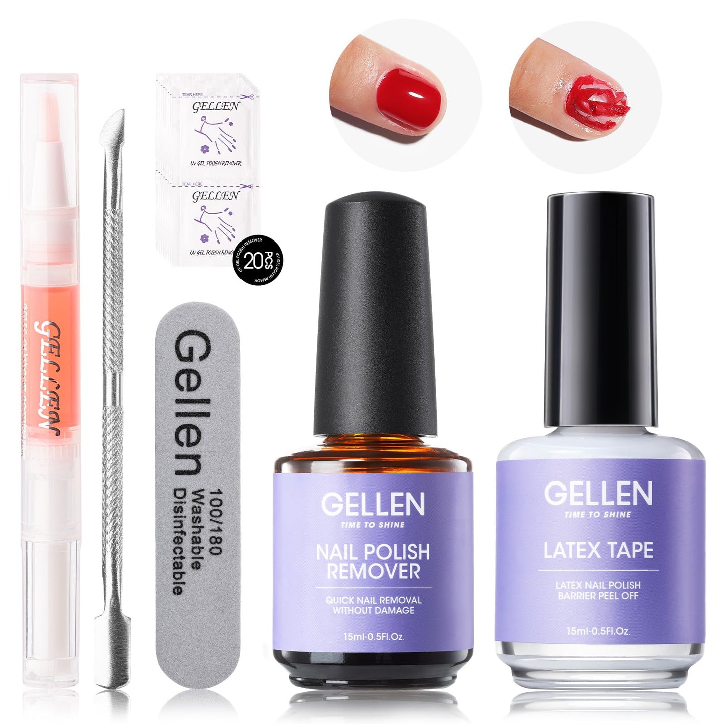 Gellen Gel Nail Polish Remover Kit, Gel Polish Remover for Nails with Liquid Latex Tape Cuticle Oil and Manicure Tools, Quick & Easy Gel Remover in 3-5 Minutes, No Soaking Or Wrapping