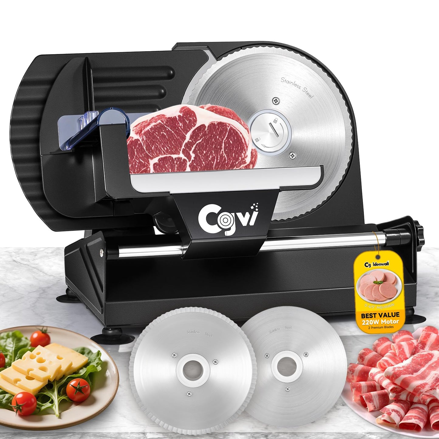 Meat Slicer, 220W Electric Deil Food Slicer with 2 Removable 7.5" Blades, 4/5" Adjustable Thickness, Food Slicer Machine for Home Cutting Meat Cheese Bread Vegetables, 110V CE