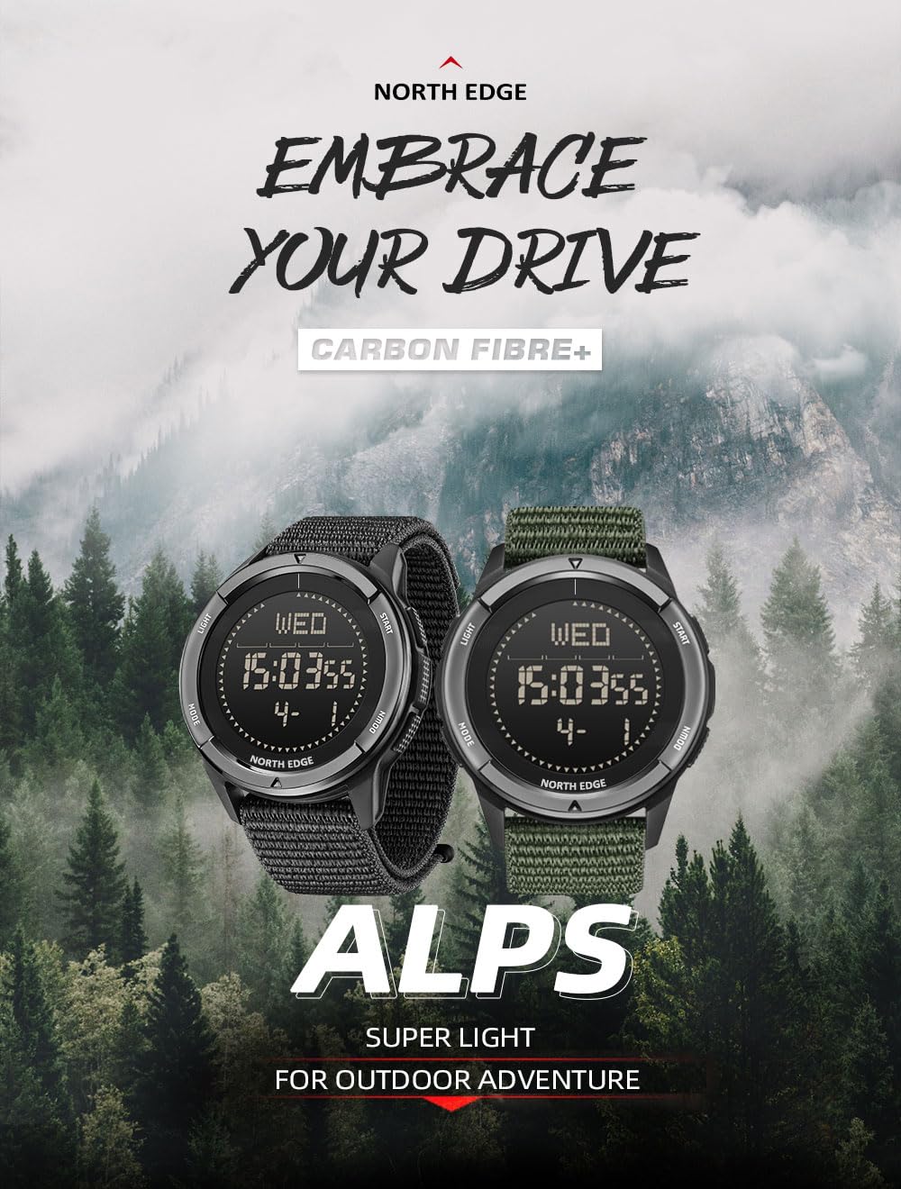 NORTH EDGE Military-Watch for Men - Tactical Survival Watch, Men's Women's Digital Wrist Watches for Sports Outdoors, Pedometer, Compass, Calories, Durable Nylon Band (Black, Nylon Band)