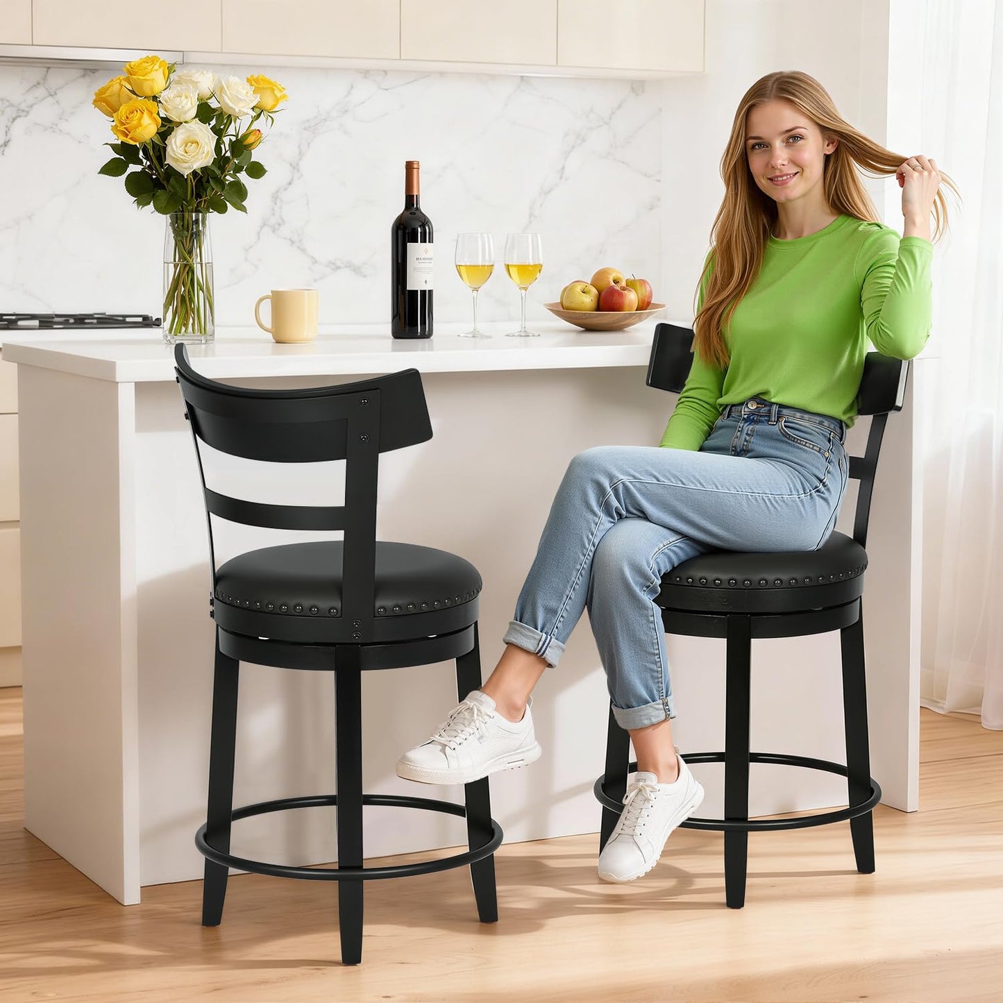 FDW Swivel Counter Height Bar Stools Set of 2 with Back, 24 Inch Upholstered Bar Stools, 360° Swivel Seat with Footrest, Black