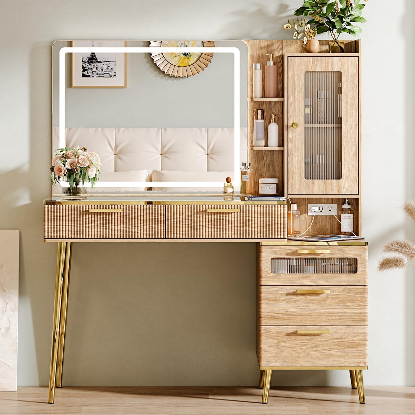 Arulvmrn Vanity Desk with 29.53" HD Lighted Mirror, 47.24" Big Modern Vanity Desk with Mirror and Lights, Makeup Vanity with 5 Drawers and Storage Shelves and Charging Station, Oak