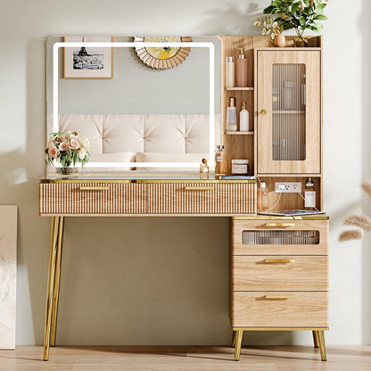 Arulvmrn Vanity Desk with 29.53" HD Lighted Mirror, 47.24" Big Modern Vanity Desk with Mirror and Lights, Makeup Vanity with 5 Drawers and Storage Shelves and Charging Station, Oak
