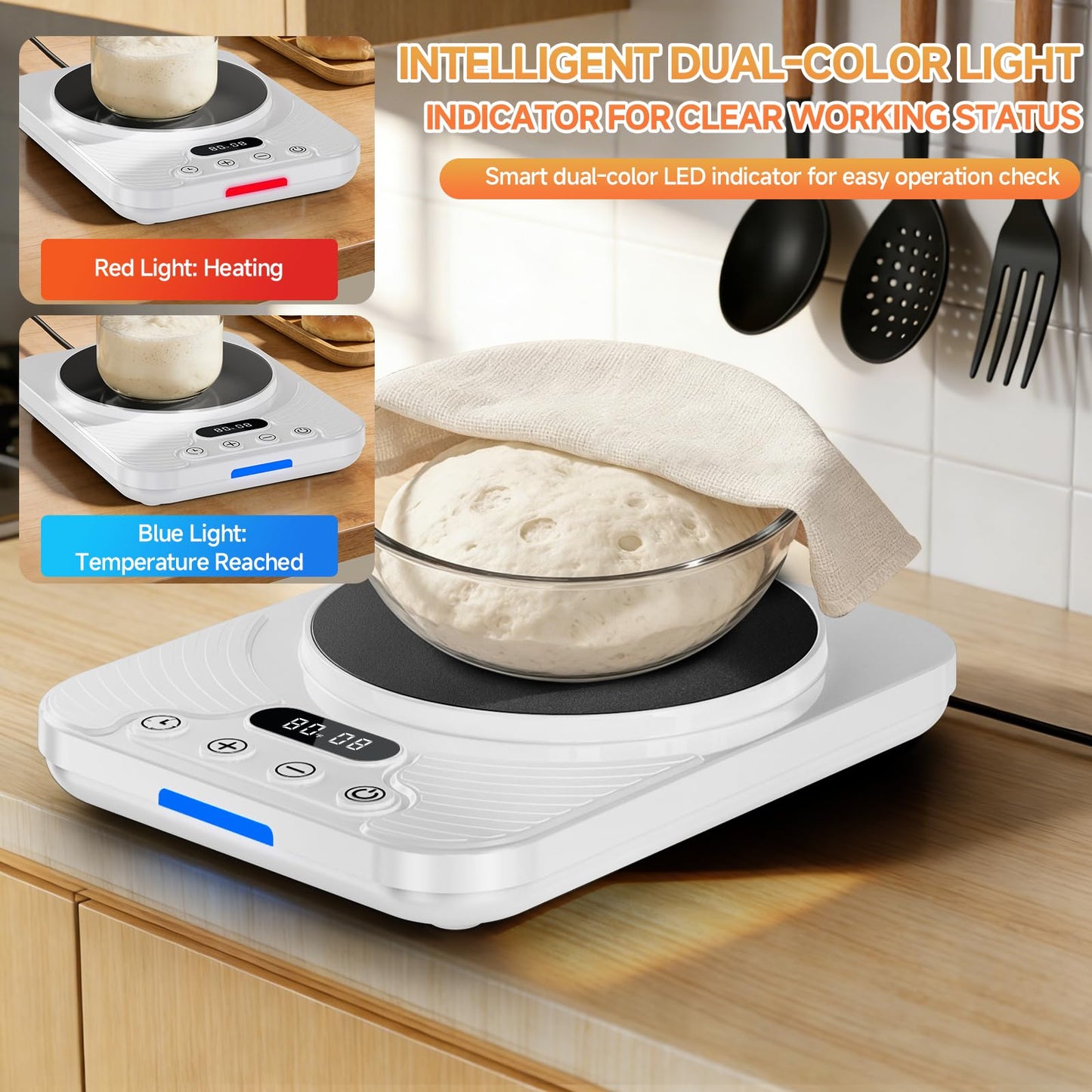 Sourdough Starter Warmer Mat with 1°F Precision (65–110°F), 24H Timer & Memory, Heating Pad for Bread Proofing & Fermentation, Fits 24–40oz Jars for Home Baking（White）