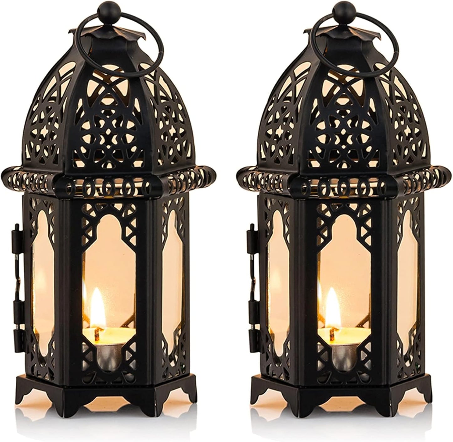 NUPTIO Moroccan Style Candle Lantern - Small Tealight Holder with Transparent Glass Panels | 2 Pcs, Black