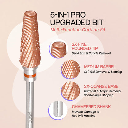 PANA Nail Carbide 5 in 1 Bit - Two Way Rotate use for Both Left and Right Handed - Fast Remove Acrylic or Hard Gel - 3/32" Shank - Manicure, Nail Art, Drill Machine (Fine - F, Silver)