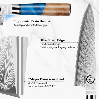 Fukep 5 Piece Damascus Knife Set, Professional Japanese Knife Set with Japanese VG 10 Steel Core, Blue Resin Handle, Includes Chef, Santoku, Bread, Boning & Paring Damascus Knives in Gift Box