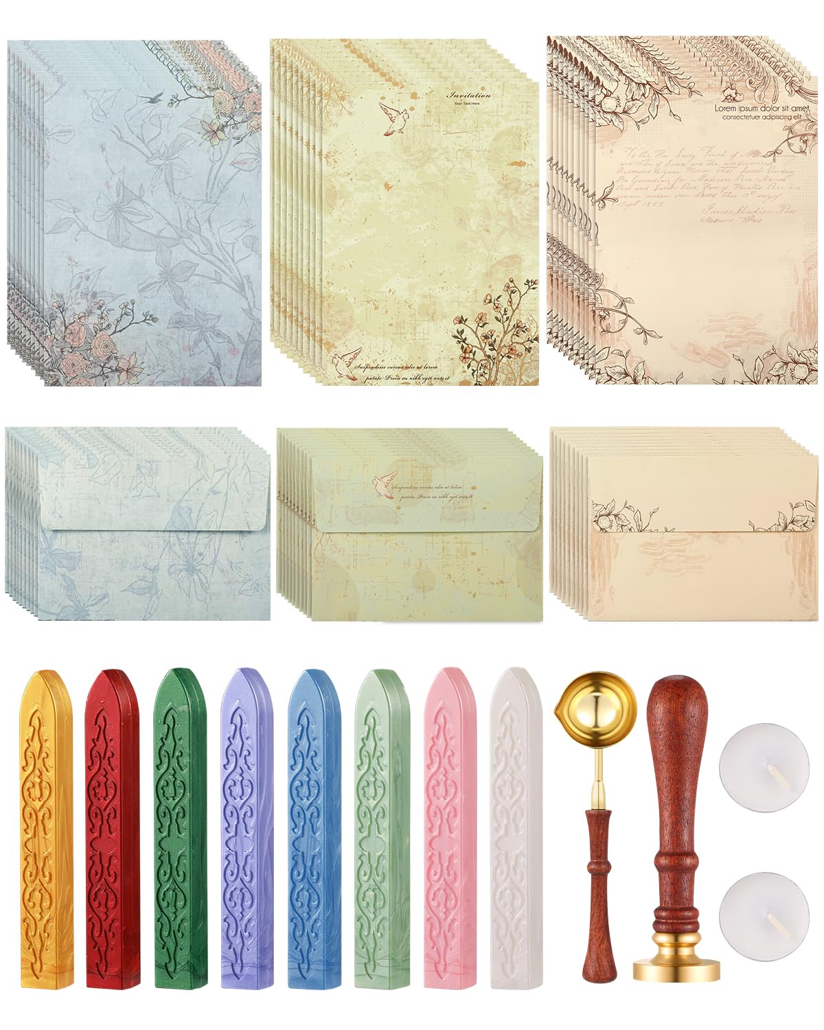 Comealltime 73Pcs Vintage Paper and Envelopes Set, 30 Stationary Letter and Envelopes, 8 Wax Seal Sticks, Wax Spoon, Rosemary Stamp and 2 Tea Candles for Wedding Party Invitation Love Xmas Letter