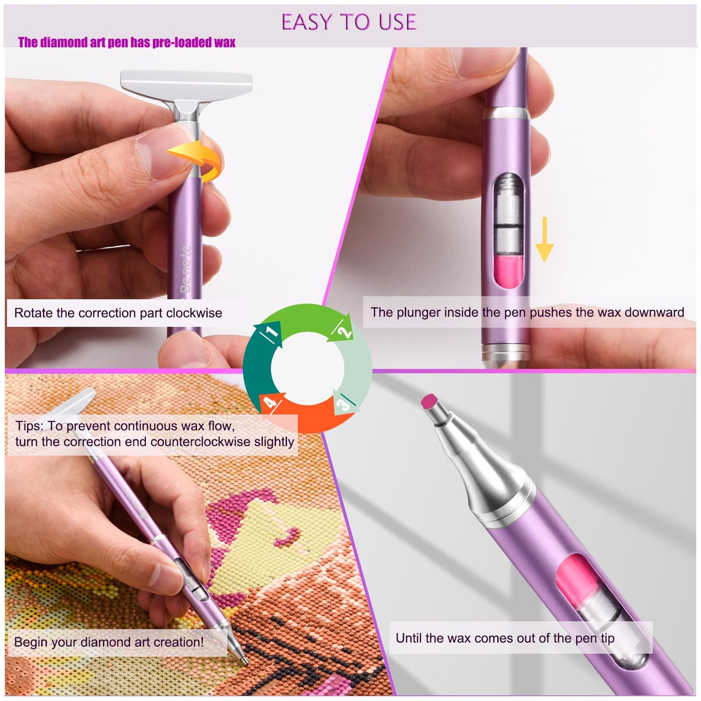 benote Diamond Art Painting Pen Refillable Wax Pen for Diamond Art Kit Accessories, Self-Stick Drill Pens with Metal Correction Plate for 5D Craft DIY Nail - B18