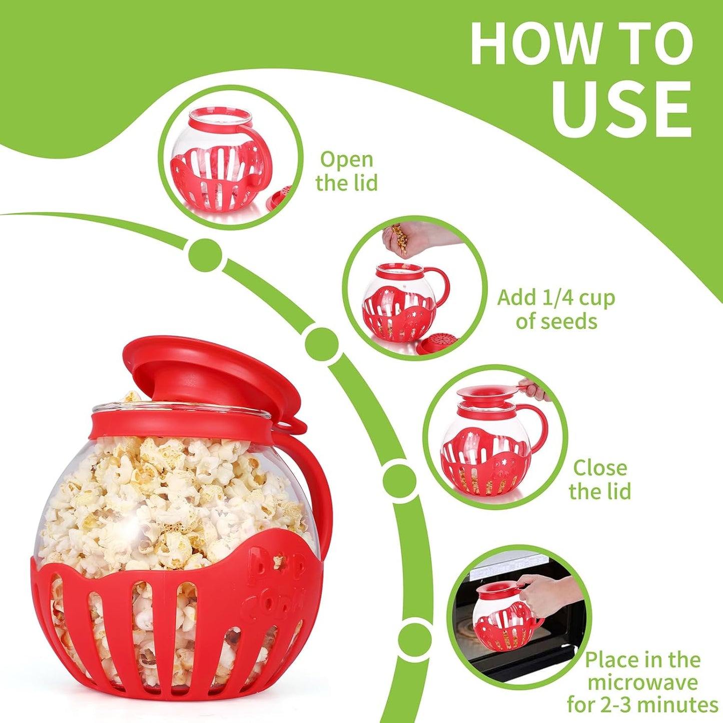 MMUGOOLER Glass Microwave Popcorn Popper, 2.25QT Original Popcorn Jar with Silicone Lid, BPA Free