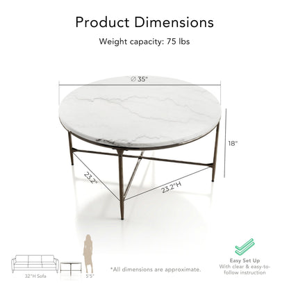 24/7 Shop at Home Aureum Modern 35-inch Round Marble Top Coffee Table with X-Brace, Hammered Dark Bronze Metal Frame for Living Room, Office, White