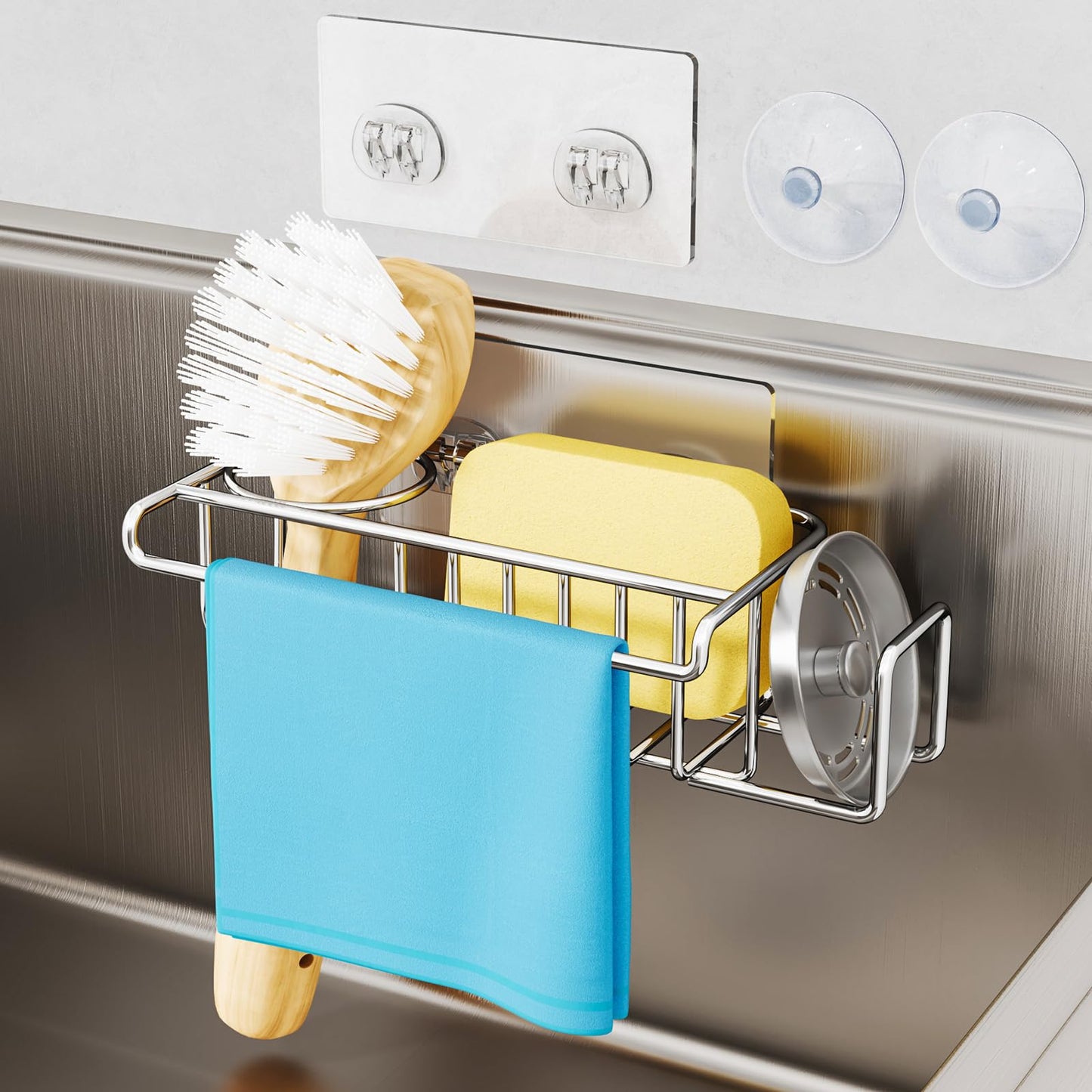 HapiRm 4 in 1 Sink Caddy Sponge Holder, SUS304 Stainless Steel Kitchen Brush Holder and Dish Cloth Hanger, Kitchen Organizers and Storage Essentials - Silver