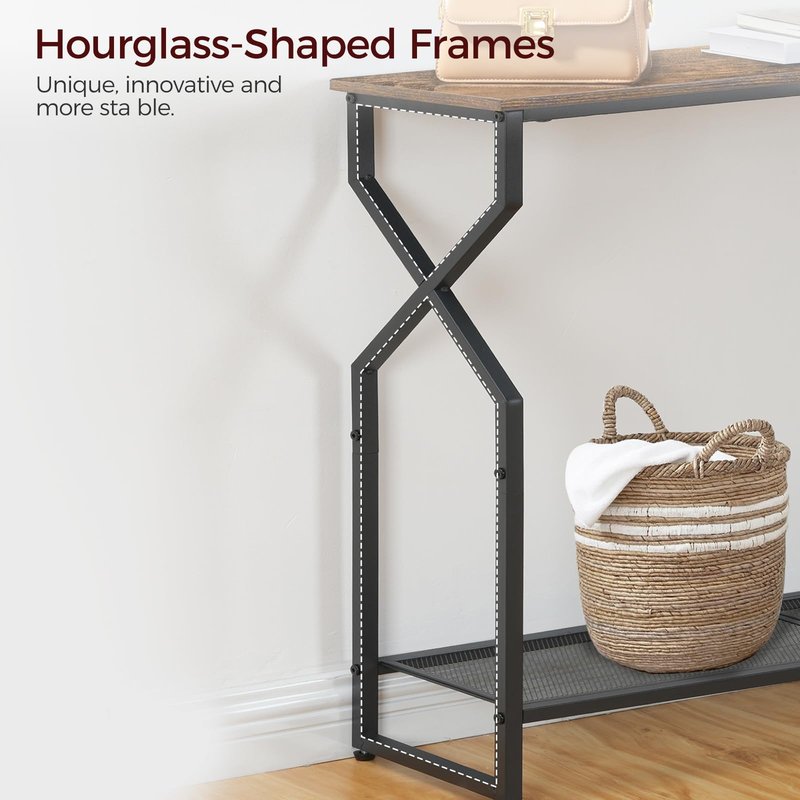 MAHANCRIS 2 Tier Console Table, Sofa Table, Narrow Entryway Table, Hallway Entrance Table, Hourglass-Shaped Frames, Adjustable Feet, for Entrance, Living Room, Hallway, Rustic Brown CTHR21301