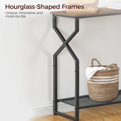 MAHANCRIS 2 Tier Console Table, Sofa Table, Narrow Entryway Table, Hallway Entrance Table, Hourglass-Shaped Frames, Adjustable Feet, for Entrance, Living Room, Hallway, Rustic Brown CTHR21301