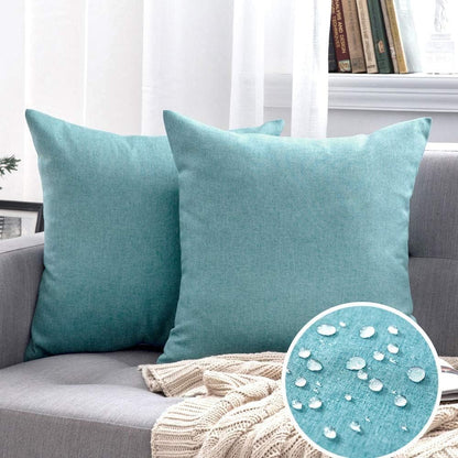 MIULEE Decorative Outdoor Throw Pillow Covers - Waterproof Faux Linen Cushion Cases | 16x16 Inch Turquoise (Pack of 2)