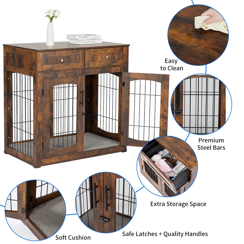 Dog Crate Furniture with Double Drawers, Wooden End Table Dog Kennel, Furniture Style Wood House Crate for Large Dogs, Decorative Dog Crate with Storage for Large Breed, 40 Inch Retro