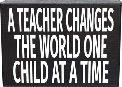 JennyGems Inspirational Teacher Gift Wood Sign, A Teacher Changes the World One Child at a Time, Classroom Decor