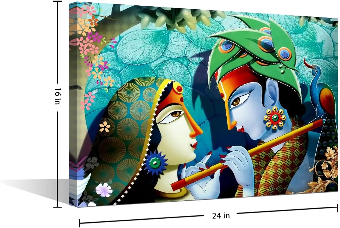 Canvas Wall Art of Lord Krishna, Retro House Decorations, Giclee Framed Stretched Ready to Hang 24"Wx16"H