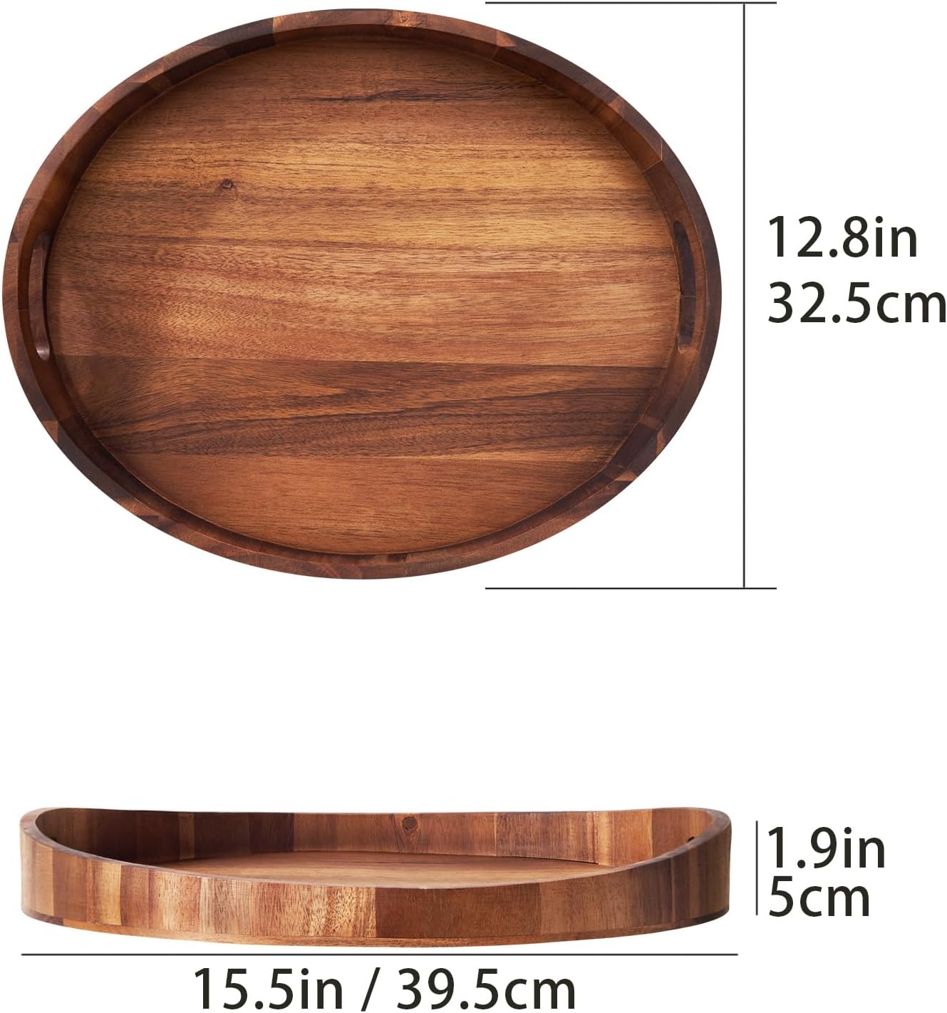 SARUFO Counter, Acacia Wood Round Ottoman Tray Decorative Serving Tray with Handles for Coffee Table, Breakfast in Bed