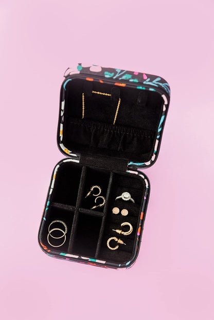 kate spade new york Small Travel Jewelry Case, Black Jewelry Box to Organize Rings, Necklaces, Earrings, Fall Floral