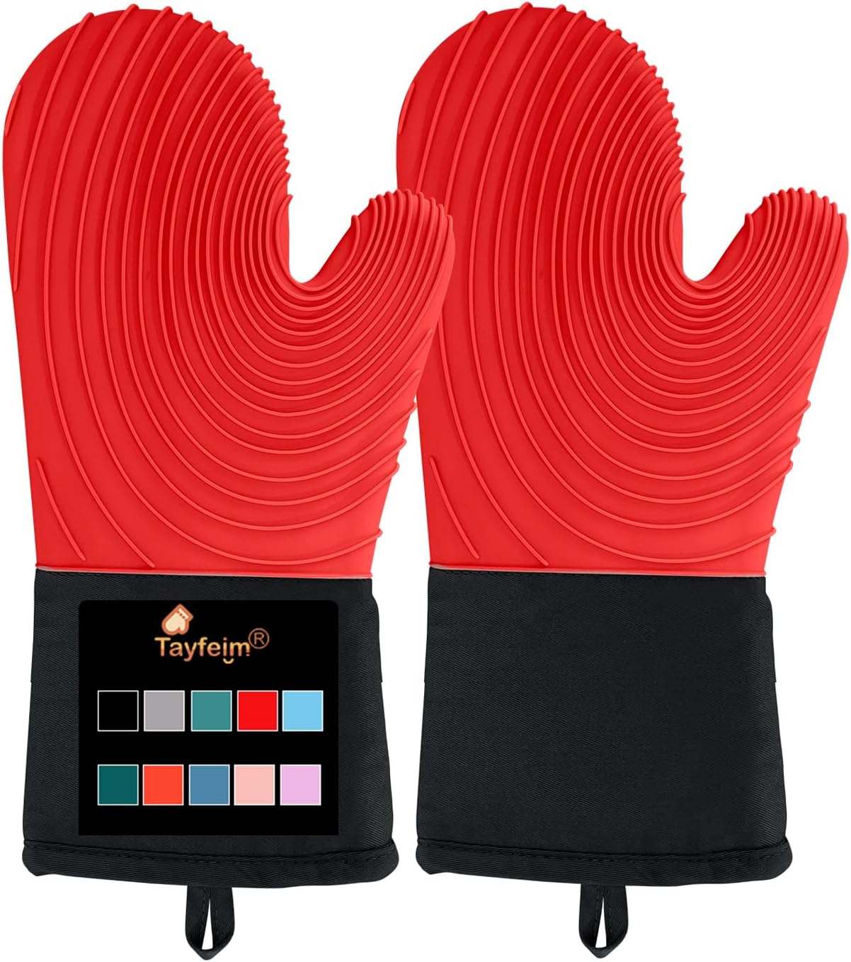 Silicone Oven Mitts - Red Heat Resistant 500F 13.6 in Waterproof Grippy Design for Cooking and Baking