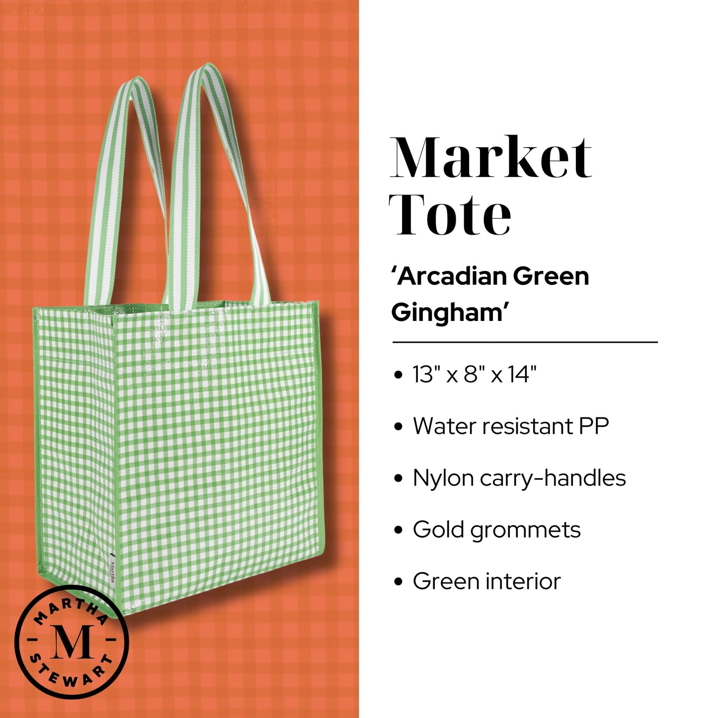 Martha Stewart Reusable Grocery Bag, Spacious 13 x 8 x 14 Shopping Bag for Groceries, Perfect for Shopping, Arcadian Green Gingham