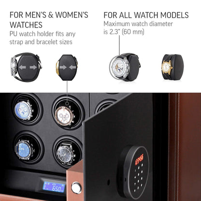 Watch Winder Security Safe for Automatic Watches with Digital Lock, Faux Leather Finish and Interior Backlight (12 watches, Brown)