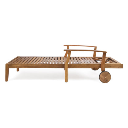 Merax Outdoor Chaise Lounge with Wheels & 5-Position Adjustable Backrest, Acacia Wood Pool Lounge Chairs Patio Loveseat Sun Tanning Chair, 79"x30"x22", Teak