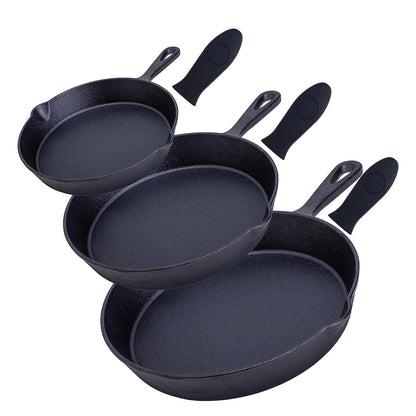 Bruntmor 6, 7.5, 10 Inches Black Pre-seasoned Cast Iron Frying Pan Set of 3, Oven Safe Cast Iron Skillet, Cast Iron Grill Pan Set, Nonstick Cookware And Bakeware For Casserole Dish