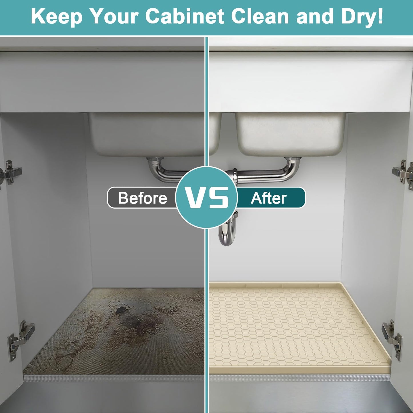 Under Kitchen Sink Mats and Protectors Waterproof, Silicone Under Sink Mat for 34" x 22" Cabinets, Under Sink Tray Organizer, Shelf Liner Cabinet Liner for Kitchen and Bathroom, Beige