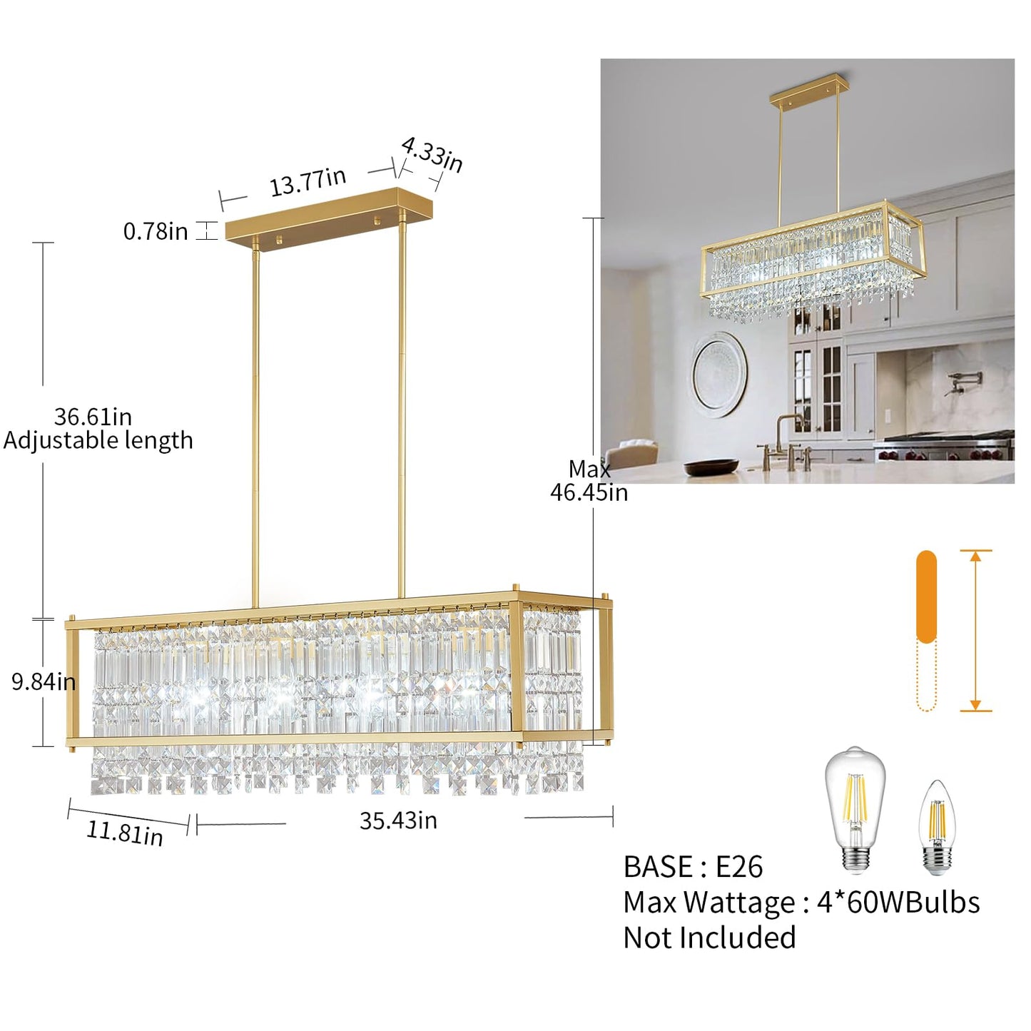 LMQNINE Modern Rectangle Chandelier for Dining Room, Gold Crystal Chandelier Linear Light Fixture, Farmhouse Chandeliers for Kitchen Island, Bar Table, L35.43'' x W11.81'' x H9.84''