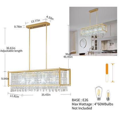 LMQNINE Modern Rectangle Chandelier for Dining Room, Gold Crystal Chandelier Linear Light Fixture, Farmhouse Chandeliers for Kitchen Island, Bar Table, L35.43'' x W11.81'' x H9.84''