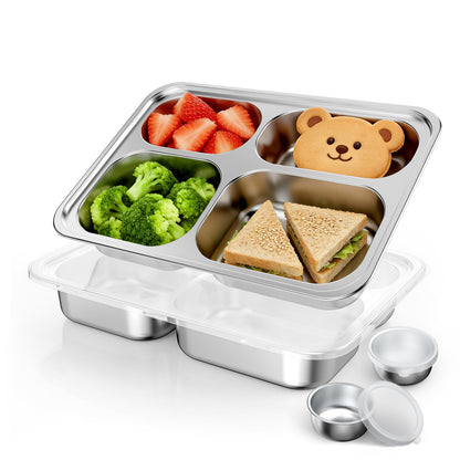 Bakpoco Stainless Steel Divided Plate for Kids Toddler, Non Toxic Portion Control Plate Dinner Plate with Lid for Adults Weight Loss, 2 Pack 4 Sections Rectangular Snack Plate Tray