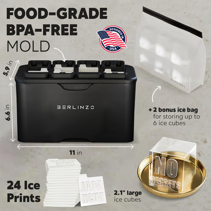 Berlinzo Premium Clear Ice Cube Maker with Conversation Ice Prints – 8 Large 2.1" Crystal Clear Ice Squares – Giftable Idea for Party, Game Night & Just for Fun – Includes Storage Bag (Non-Electric)