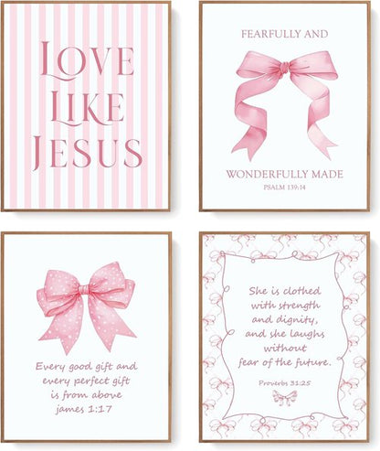 LARTSFRO Coquette Pink Bow Wall Art - Inspirational Christian Decor for Bedroom & Dorm | Set of 4 Unframed 10x8 Inch Prints