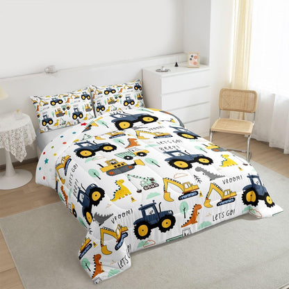 Set Set Kids Excavator Comforter Full, Cartoon Equipment Trucks Bedding for Boys Girls Children, Dinosaur Duvet Insert
