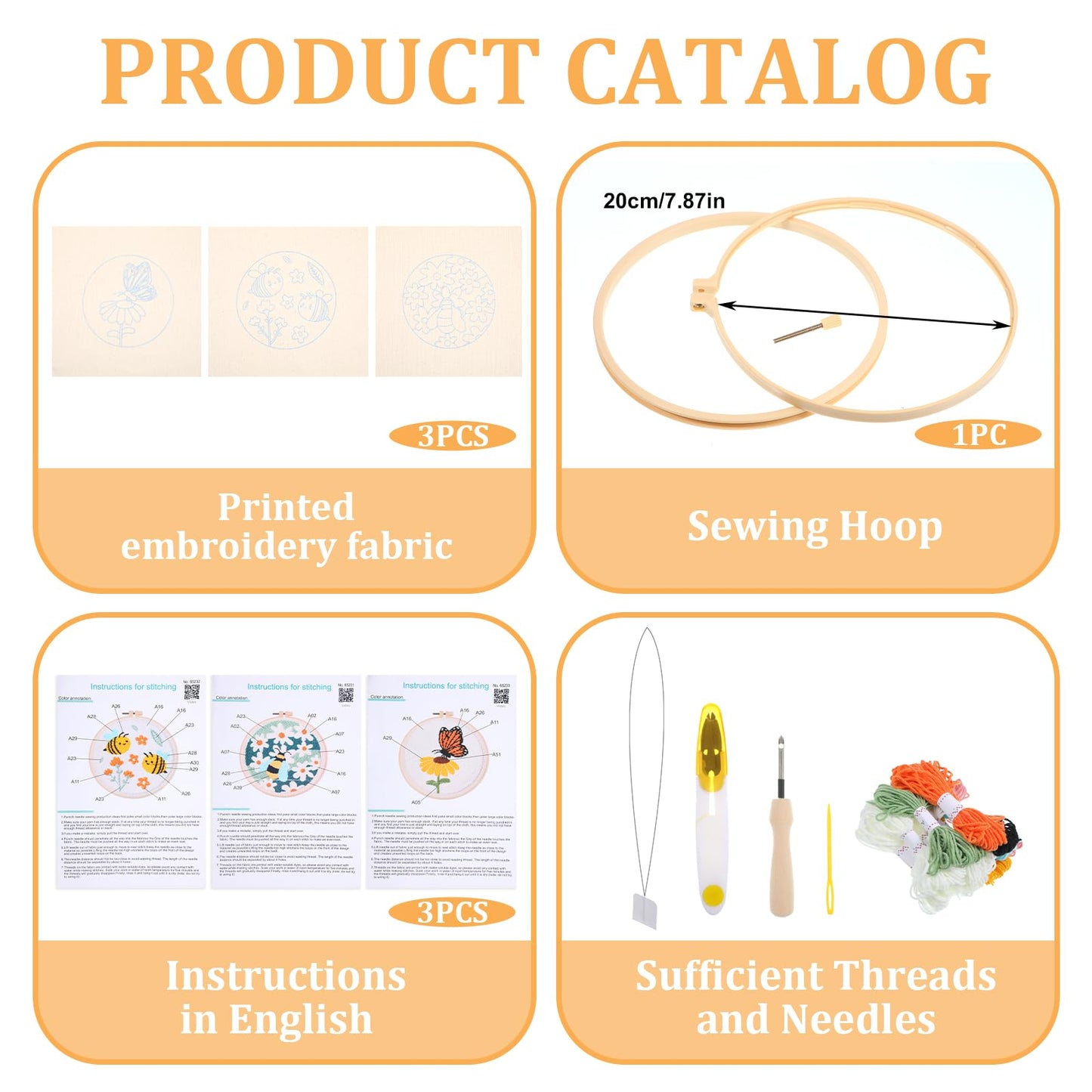 3 Pcs Punch Needle Kits, 7.87 Inch Cute Floral, Bees and Butterfly Punch Needle Kit for Adults Beginner Children Needles Punching kit with Embroidery Hoop, Instruction, Fabric, Sewing Needles, Yarns