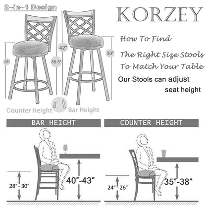 KORZEY Swivel Bar Stools Set of 4, 25/30 Inch Adjustable Black PU Leather Bar Chair with Black Frame, Mid-Century Upholstered Counter Barstools with Backs